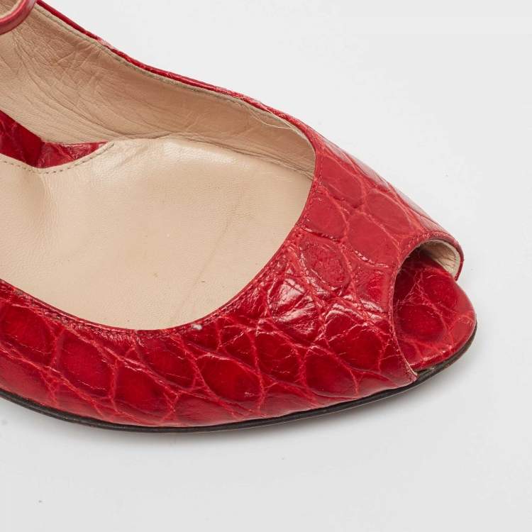 Pre Owned Fendi Red Croc Embossed Leather Peep Toe Wedges Pumps Size 39.5