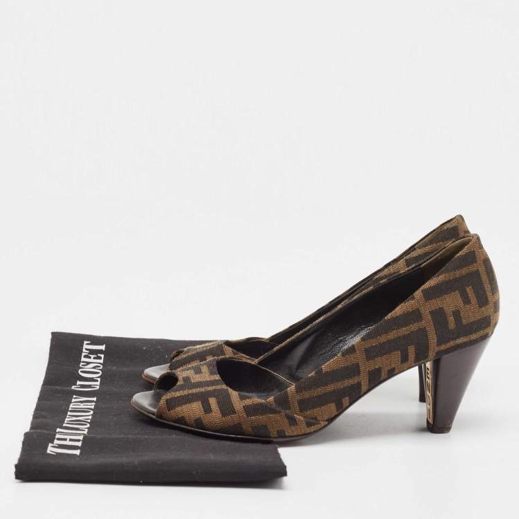 Pre Owned Fendi Brown Tobacco Zucca Canvas Fendista Platform Pumps Size 36