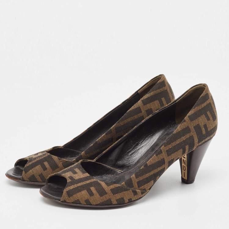 Pre Owned Fendi Brown Tobacco Zucca Canvas Fendista Platform Pumps Size 36