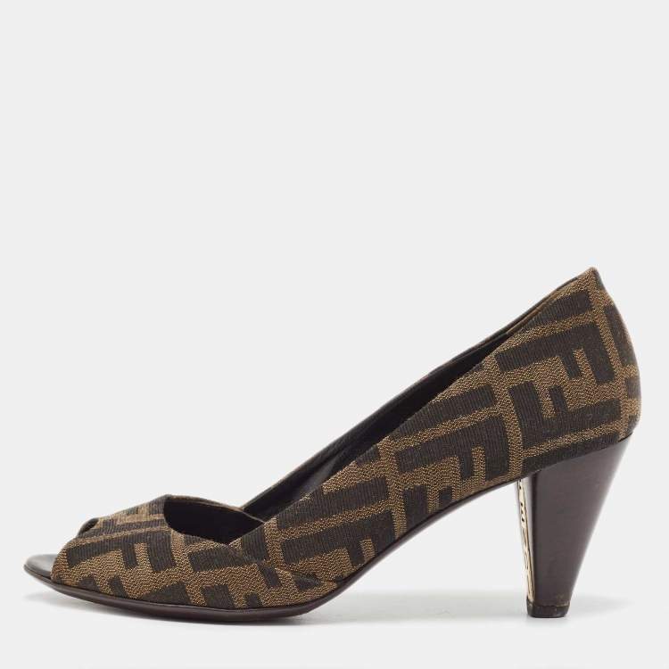 Pre Owned Fendi Brown Tobacco Zucca Canvas Fendista Platform Pumps Size 36