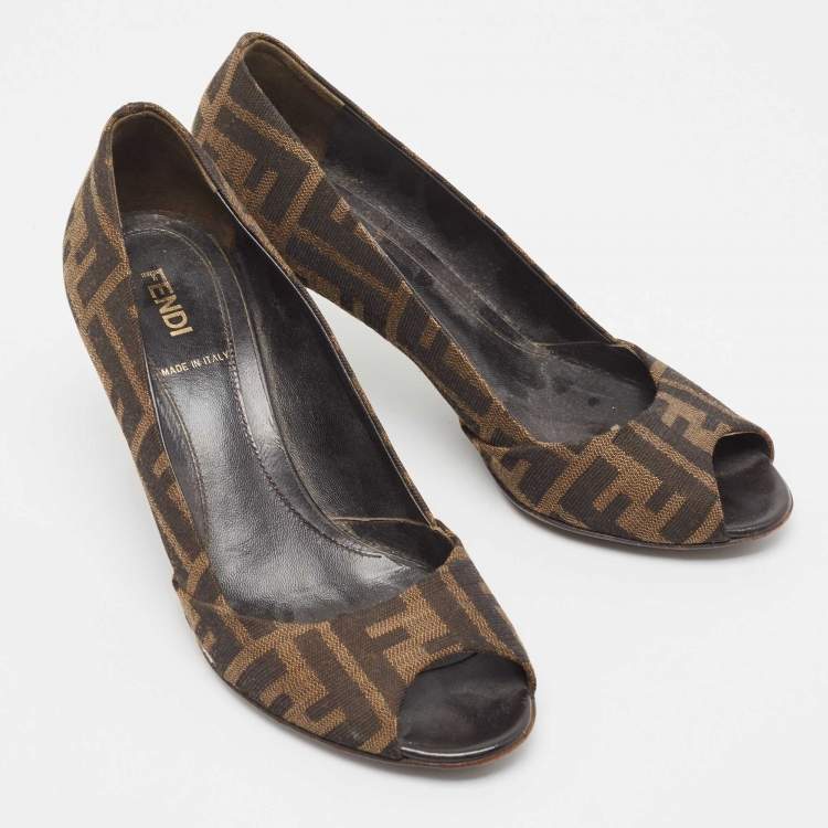 Pre Owned Fendi Brown Tobacco Zucca Canvas Fendista Platform Pumps Size 36