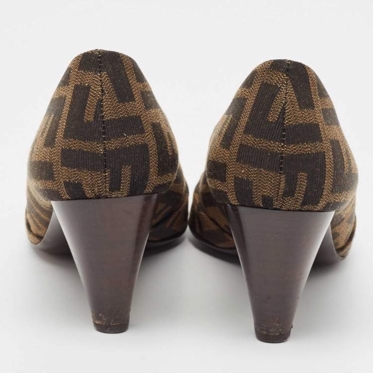 Pre Owned Fendi Brown Tobacco Zucca Canvas Fendista Platform Pumps Size 36