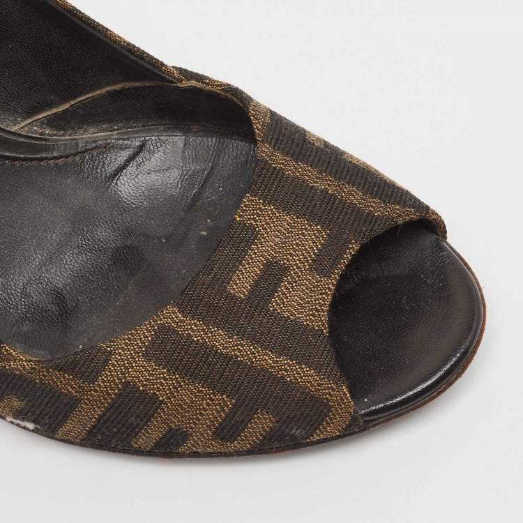 Pre Owned Fendi Brown Tobacco Zucca Canvas Fendista Platform Pumps Size 36