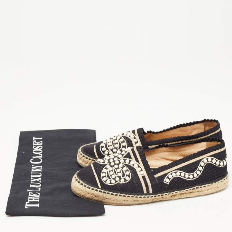 Pre Owned Fendi Black Knit Fabric Pearl Embellished Espadrilles Flats Size 40