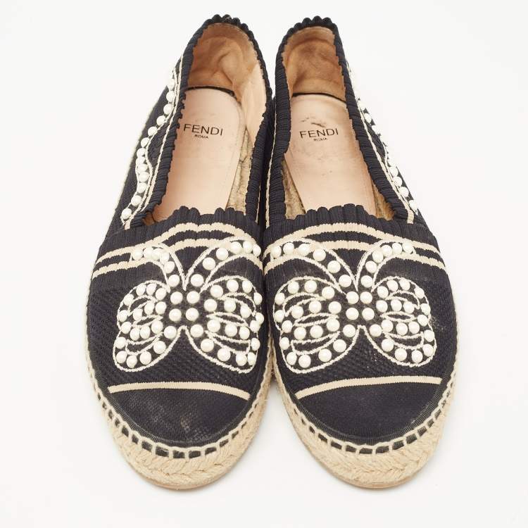 Pre Owned Fendi Black Knit Fabric Pearl Embellished Espadrilles Flats Size 40