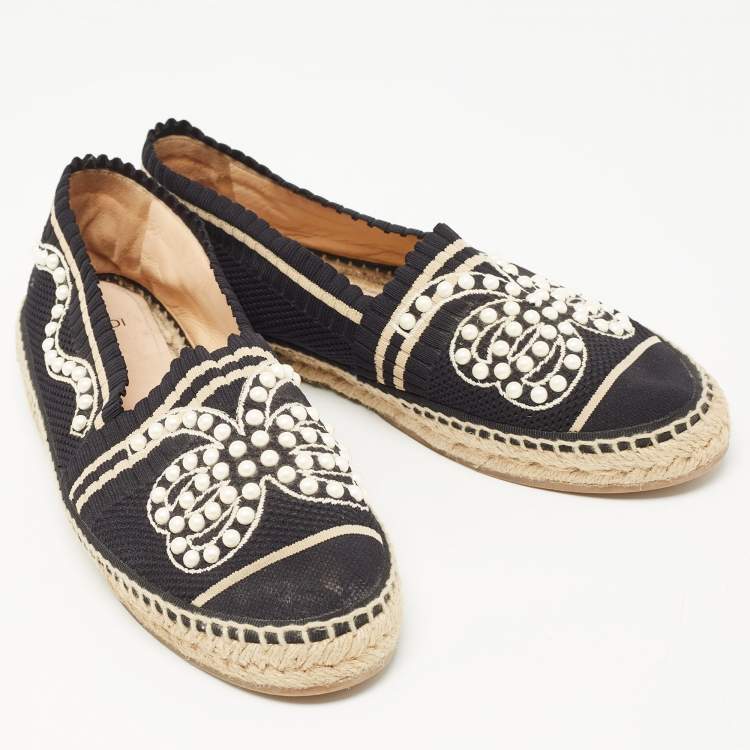 Pre Owned Fendi Black Knit Fabric Pearl Embellished Espadrilles Flats Size 40