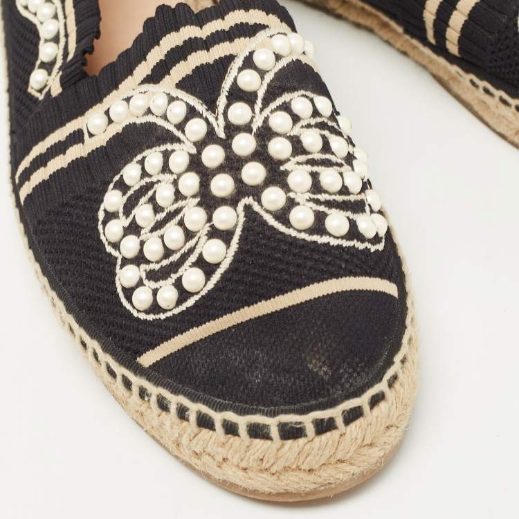 Pre Owned Fendi Black Knit Fabric Pearl Embellished Espadrilles Flats Size 40