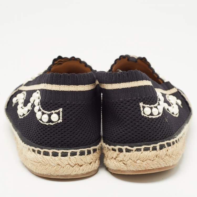 Pre Owned Fendi Black Knit Fabric Pearl Embellished Espadrilles Flats Size 40