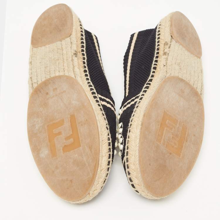 Pre Owned Fendi Black Knit Fabric Pearl Embellished Espadrilles Flats Size 40