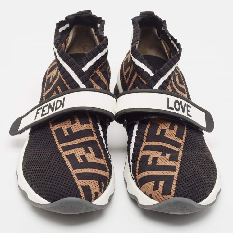 Pre Owned Fendi Black/Brown Zucca Print Knit Fabric and Mesh Rockoko Sneakers Size 37