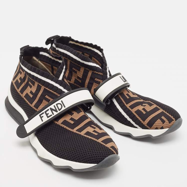 Pre Owned Fendi Black/Brown Zucca Print Knit Fabric and Mesh Rockoko Sneakers Size 37