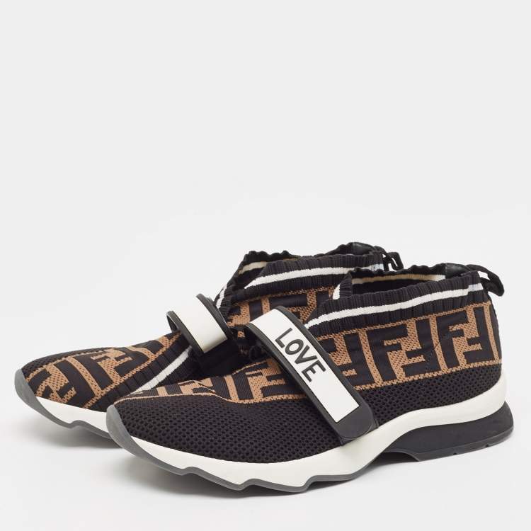 Pre Owned Fendi Black/Brown Zucca Print Knit Fabric and Mesh Rockoko Sneakers Size 37