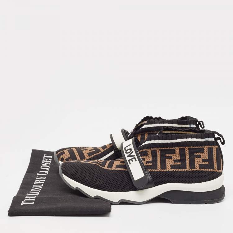 Pre Owned Fendi Black/Brown Zucca Print Knit Fabric and Mesh Rockoko Sneakers Size 37