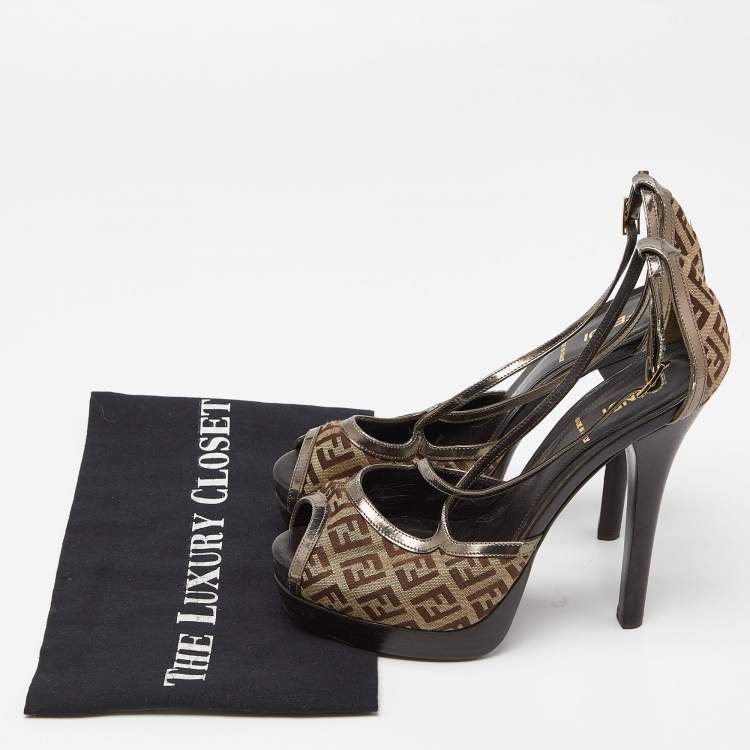 Pre Owned Fendi Beige/Brown Zucchino Canvas and Laminated Leather Cross Strap Platform Sandals Size 37