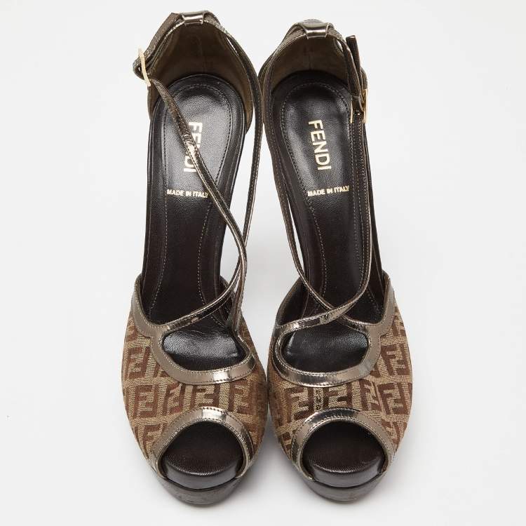 Pre Owned Fendi Beige/Brown Zucchino Canvas and Laminated Leather Cross Strap Platform Sandals Size 37