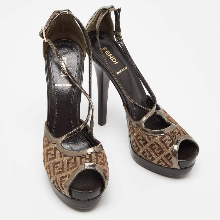 Pre Owned Fendi Beige/Brown Zucchino Canvas and Laminated Leather Cross Strap Platform Sandals Size 37