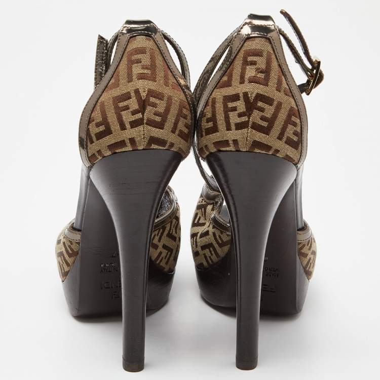 Pre Owned Fendi Beige/Brown Zucchino Canvas and Laminated Leather Cross Strap Platform Sandals Size 37