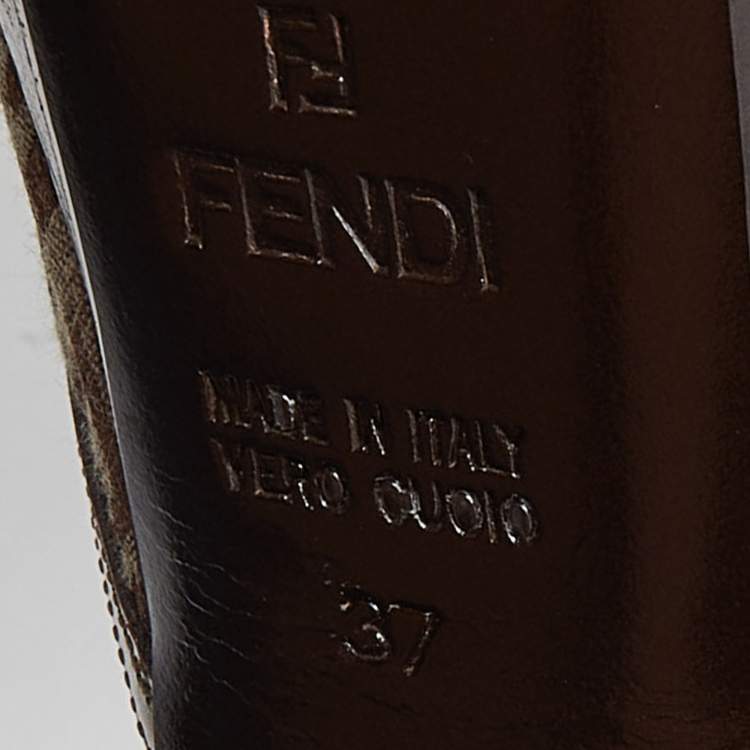 Pre Owned Fendi Beige/Brown Zucchino Canvas and Laminated Leather Cross Strap Platform Sandals Size 37