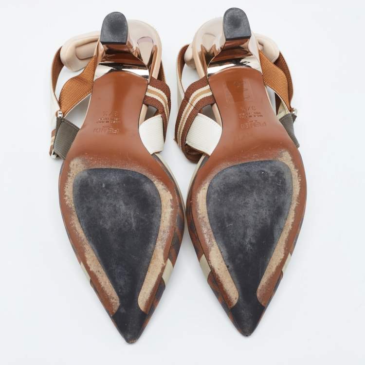 Pre Owned Fendi Tricolor Zucca Mesh and Leather Colibri Slingback Pumps Size 37.5