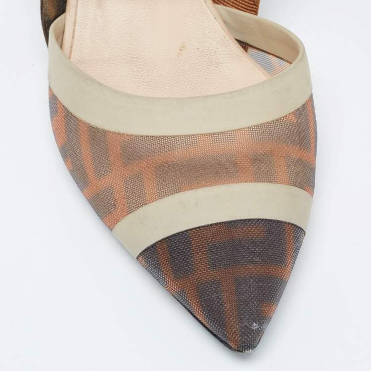 Pre Owned Fendi Tricolor Zucca Mesh and Leather Colibri Slingback Pumps Size 37.5