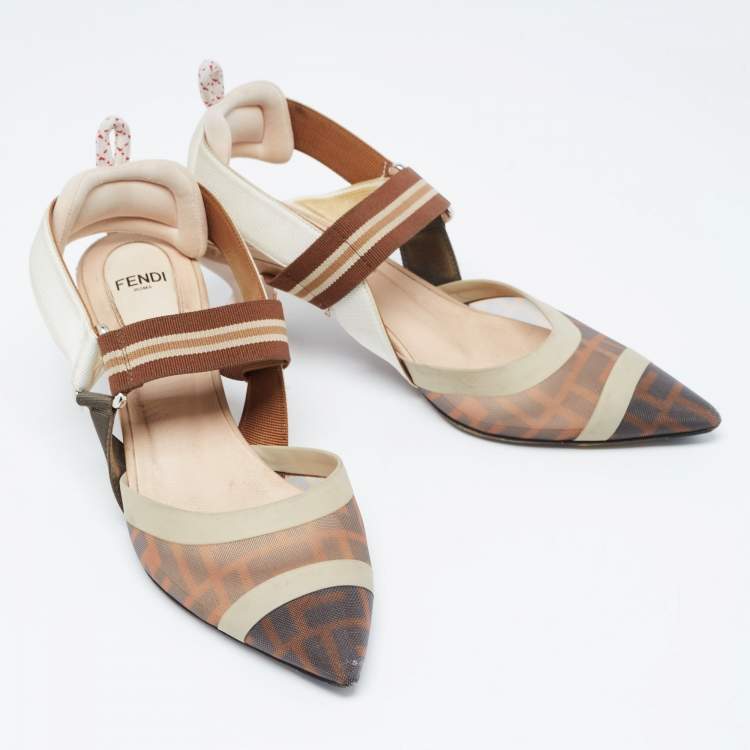 Pre Owned Fendi Tricolor Zucca Mesh and Leather Colibri Slingback Pumps Size 37.5