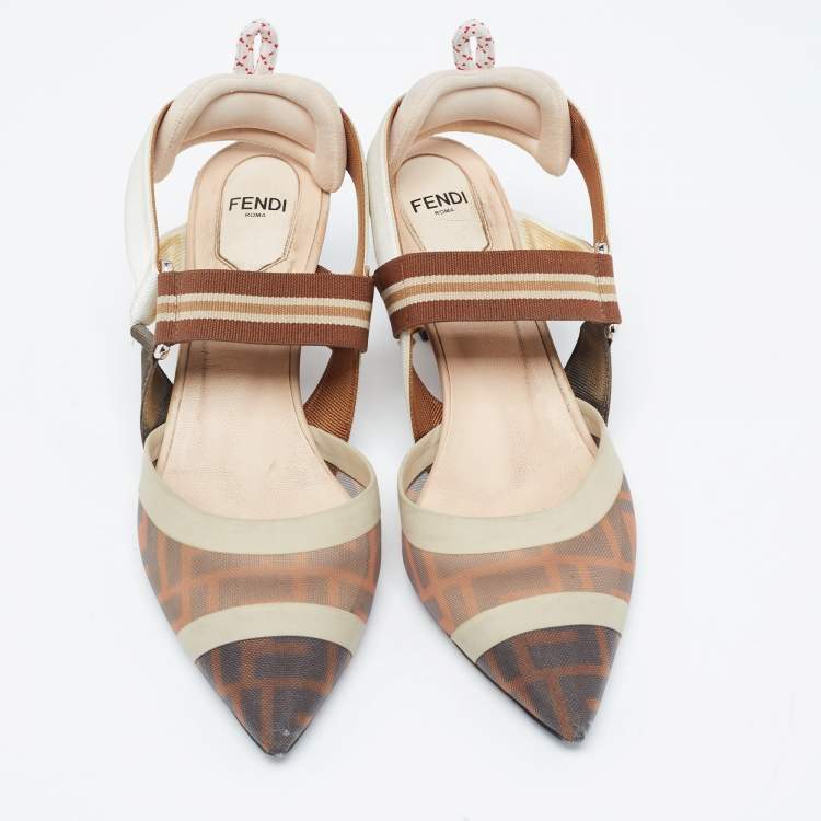 Pre Owned Fendi Tricolor Zucca Mesh and Leather Colibri Slingback Pumps Size 37.5