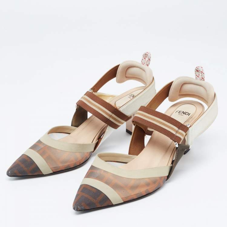 Pre Owned Fendi Tricolor Zucca Mesh and Leather Colibri Slingback Pumps Size 37.5