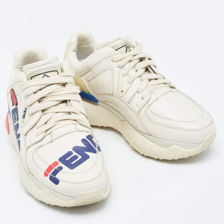 مملوكة مسبقًا Fendi Cream Leather and Rubber Fendi-Fila Mania Logo Low Top Sneakers Size 36