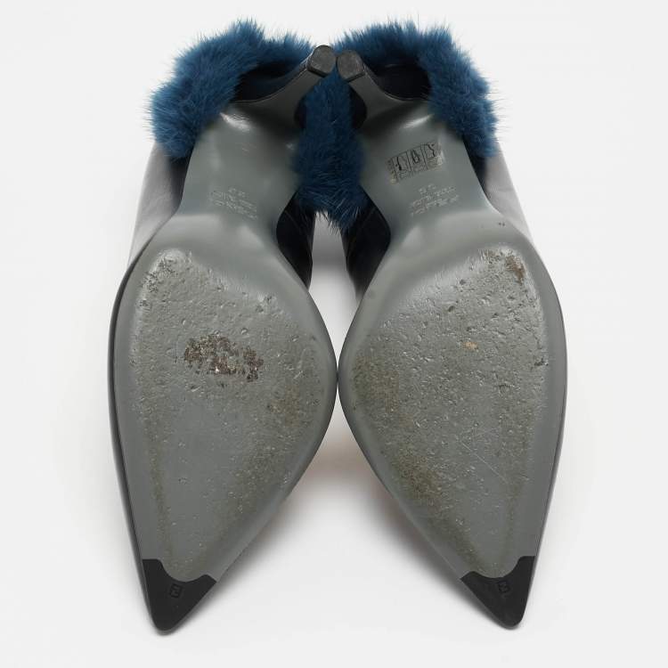 Pre Owned Fendi Black Leather and Mink Fur Trim Pointed Toe Pumps Size 36
