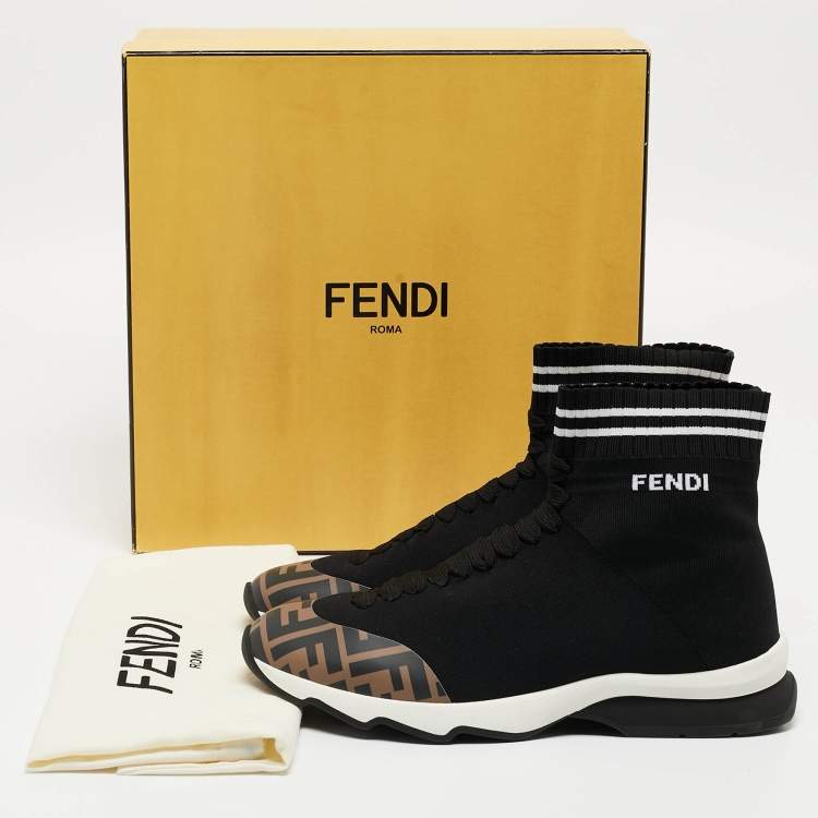 مملوكة مسبقًا Fendi Black/Brown Knit Fabric and Canvas Sock High Top  Sneakers Size 40