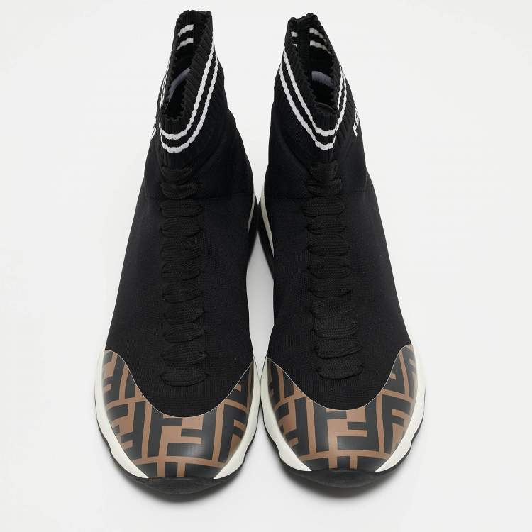 مملوكة مسبقًا Fendi Black/Brown Knit Fabric and Canvas Sock High Top  Sneakers Size 40