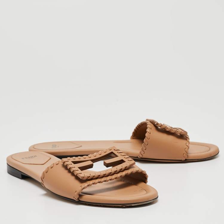 Pre Owned Fendi Light Brown Leather Flat Slides Size 40
