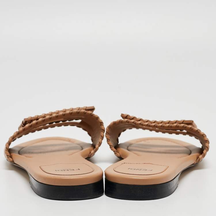 Pre Owned Fendi Light Brown Leather Flat Slides Size 40