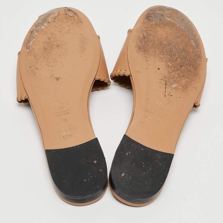 Pre Owned Fendi Light Brown Leather Flat Slides Size 40
