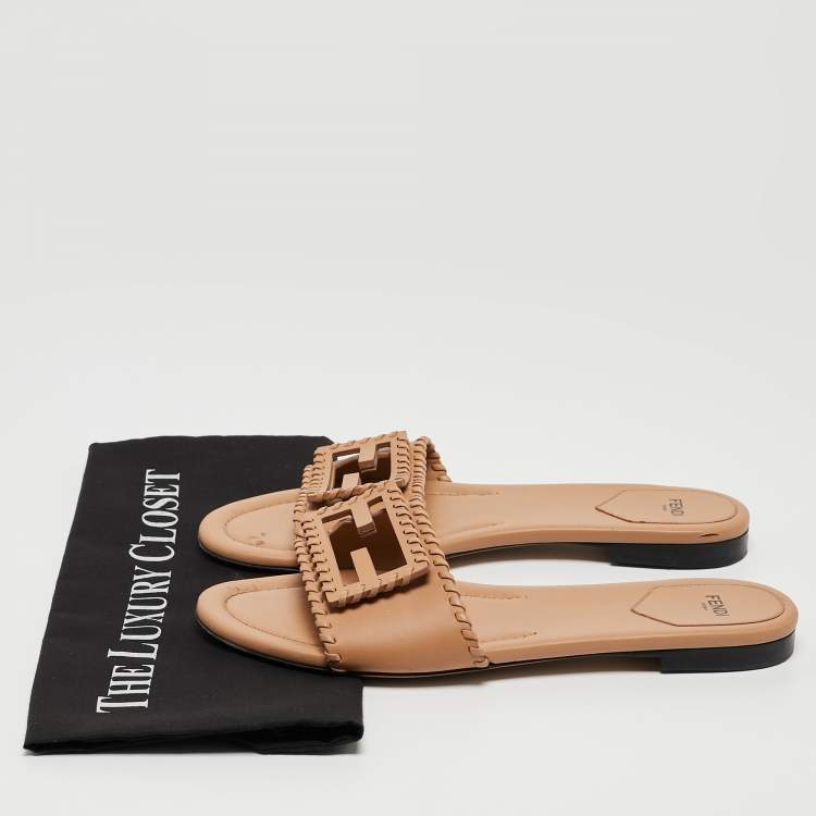 Pre Owned Fendi Light Brown Leather Flat Slides Size 40