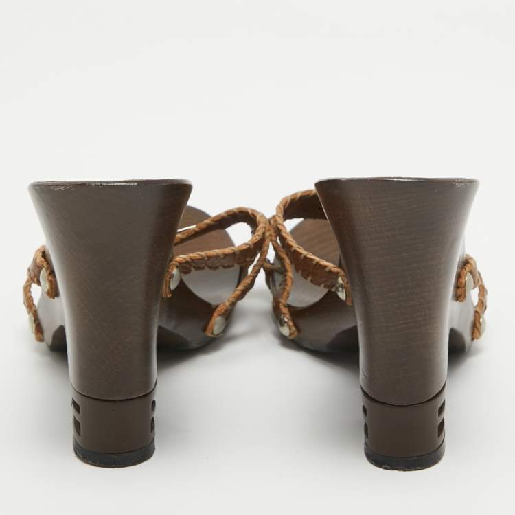 Pre Owned Fendi Brown Leather Wadge Sandals Size 39