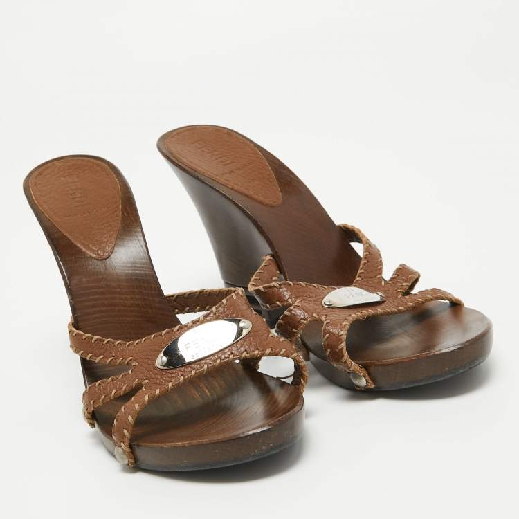 Pre Owned Fendi Brown Leather Wadge Sandals Size 39