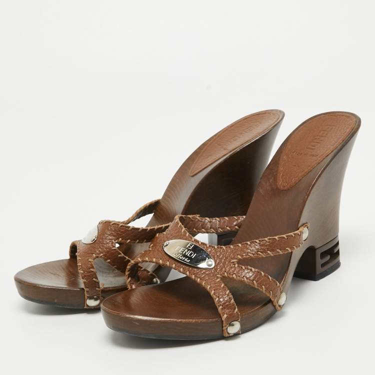 Pre Owned Fendi Brown Leather Wadge Sandals Size 39