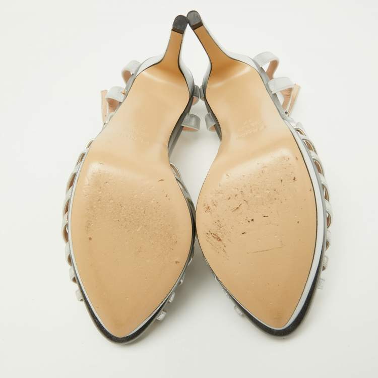 Pre Owned Fendi Silver Leather Strappy T-Bar Platform Sandals Size 37