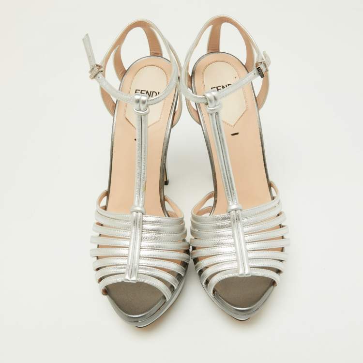 Pre Owned Fendi Silver Leather Strappy T-Bar Platform Sandals Size 37
