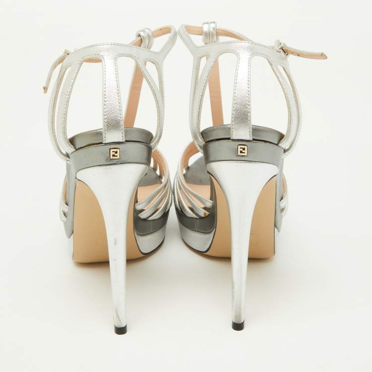 Pre Owned Fendi Silver Leather Strappy T-Bar Platform Sandals Size 37