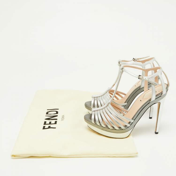 Pre Owned Fendi Silver Leather Strappy T-Bar Platform Sandals Size 37