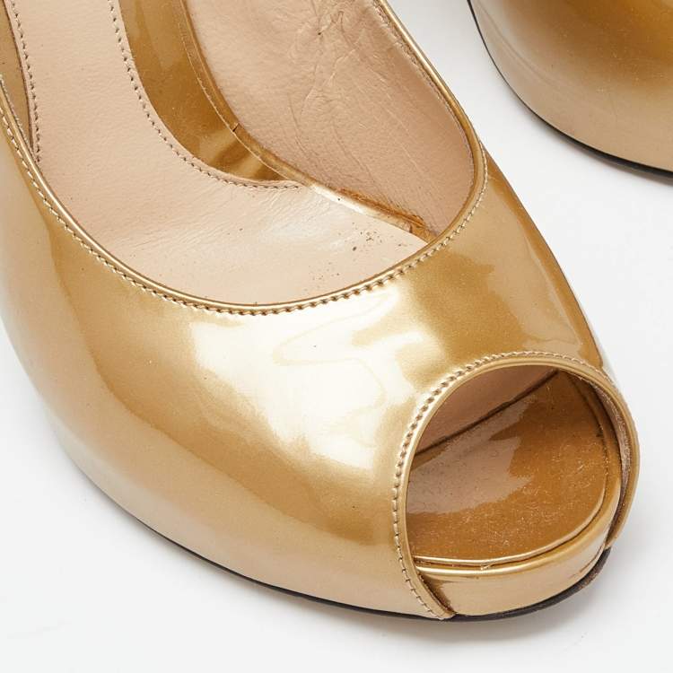 Pre Owned Fendi Gold Patent Leather Zucca Heel Peep Toe Pumps Size 40.5