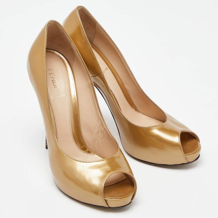 Pre Owned Fendi Gold Patent Leather Zucca Heel Peep Toe Pumps Size 40.5