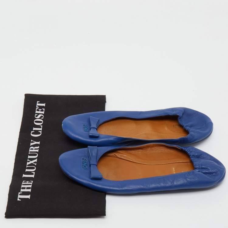 Pre Owned  Fendi Blue Leather Let's Dance Bow Ballet Flats Size 39.5