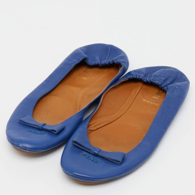 Pre Owned  Fendi Blue Leather Let's Dance Bow Ballet Flats Size 39.5