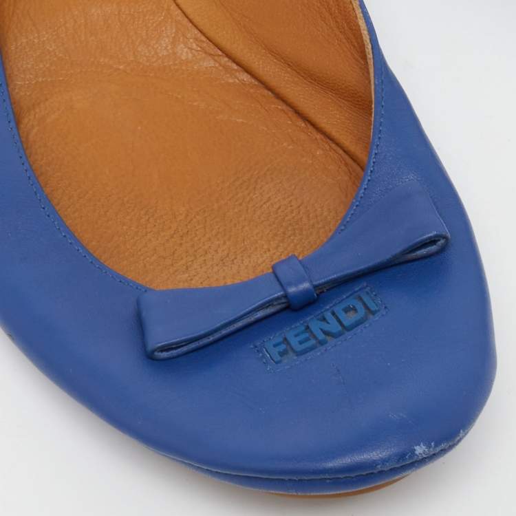 Pre Owned  Fendi Blue Leather Let's Dance Bow Ballet Flats Size 39.5