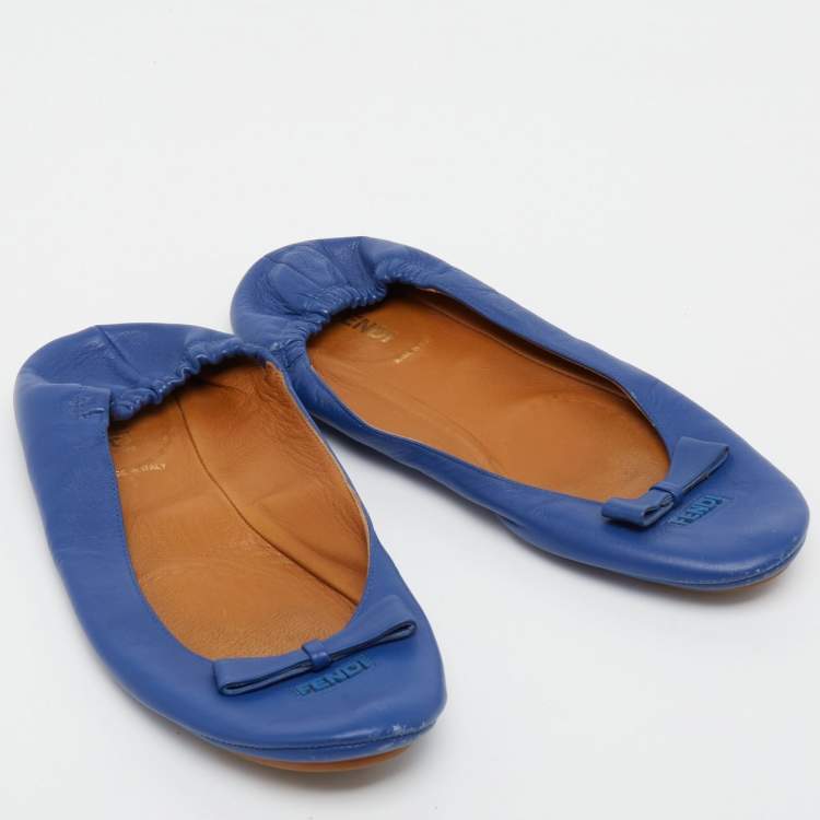 Pre Owned  Fendi Blue Leather Let's Dance Bow Ballet Flats Size 39.5