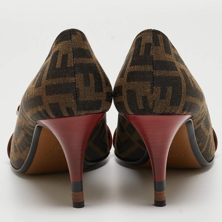 Pre Owned Fendi Brown/Burgundy Tobacco Zucca Canvas and Leather Bow Pumps Size 41
