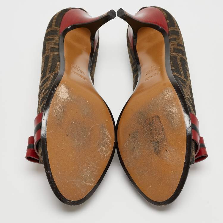 Pre Owned Fendi Brown/Burgundy Tobacco Zucca Canvas and Leather Bow Pumps Size 41
